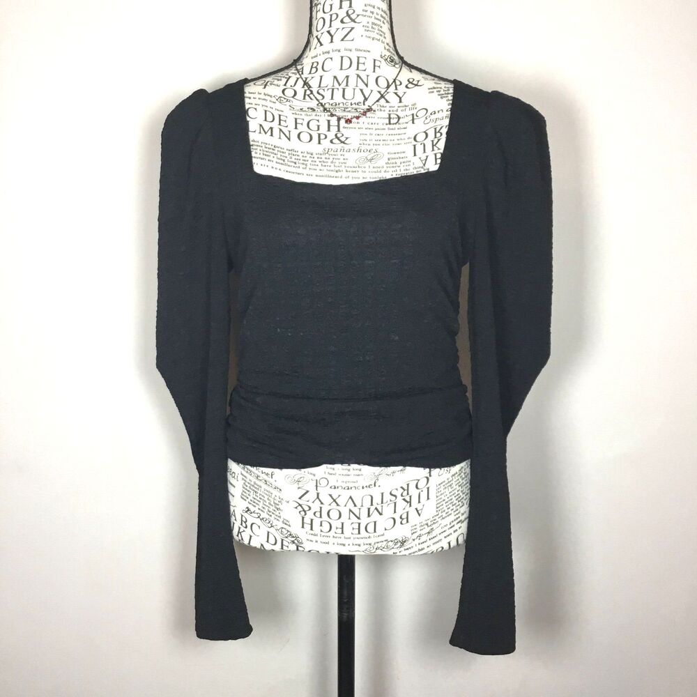 Black puffed sleeve Renaissance top stretchy square neck Victorian long sleeve M